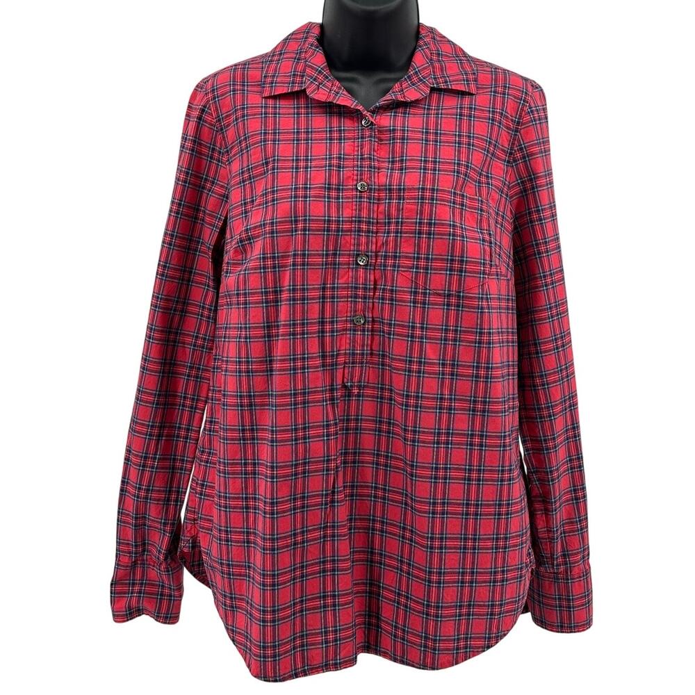 J.Crew Popover Shirt WMNS 4 Red Tartan Plaid Flannel Long Sleeve Cotton Collared